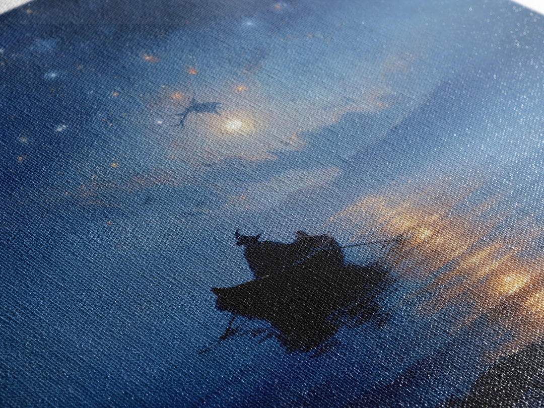 Moonlit Wizard Boat Wall Art, Blue Fantasy Seascape Canvas Print, Celestial Ocean Decor, Dreamy Bedroom Or Office Art Gift