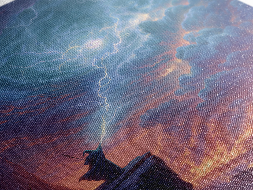 Lightning Wizard Cliff Wall Art, Epic Fantasy Storm Canvas Print, Dramatic Mountain Decor, Dark Magic Gift For Game Room
