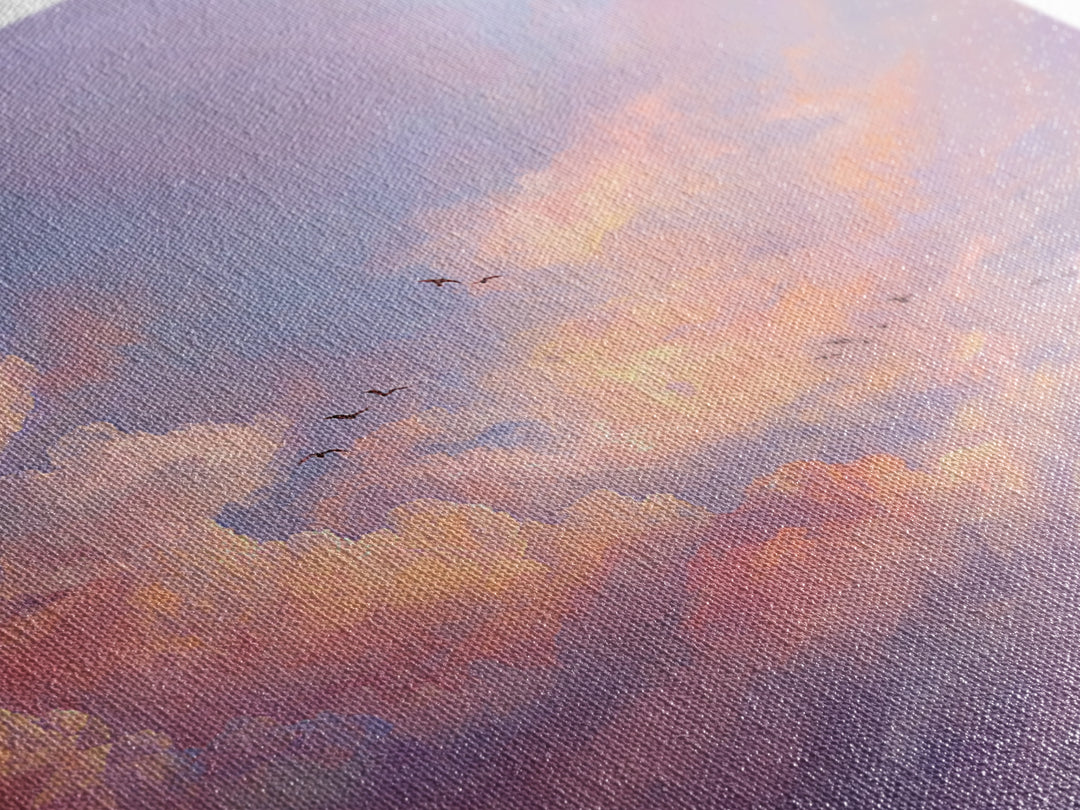 Blush Pink Cloudscape With Birds Framed Canvas Print, Pastel Sky Wall Art For Nursery Decor And Calming Bedroom Decor Gift