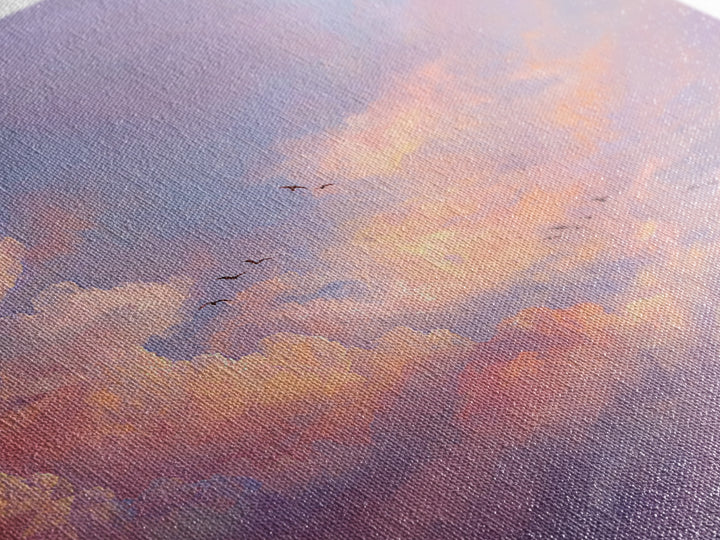 Blush Pink Cloudscape With Birds Framed Canvas Print, Pastel Sky Wall Art For Nursery Decor And Calming Bedroom Decor Gift