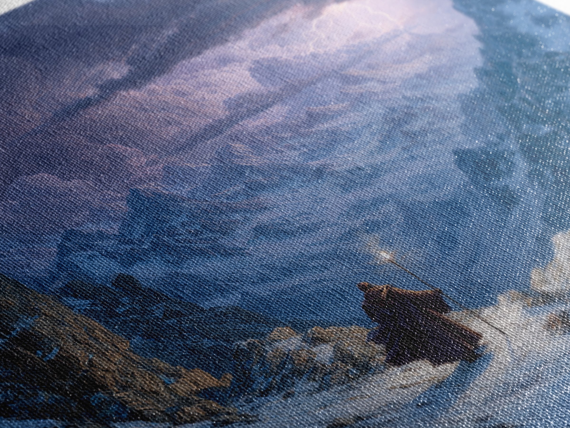 Wizard On Stormy Mountain Pass Wall Art, Fantasy Landscape Painting, Moody Alpine Adventure Decor, Large Living Room Art