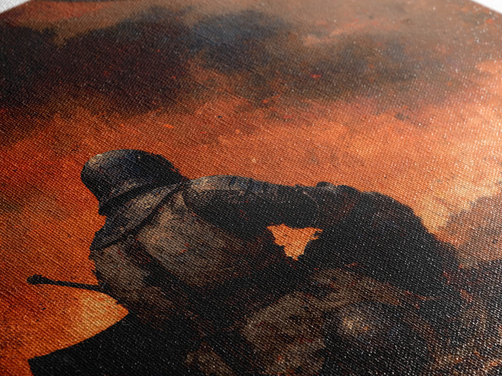 Kneeling Knight Before Dragon Canvas Print, Dark Fantasy Battle Painting, Medieval Warrior Wall Decor, Gothic Adventure Gift For Him