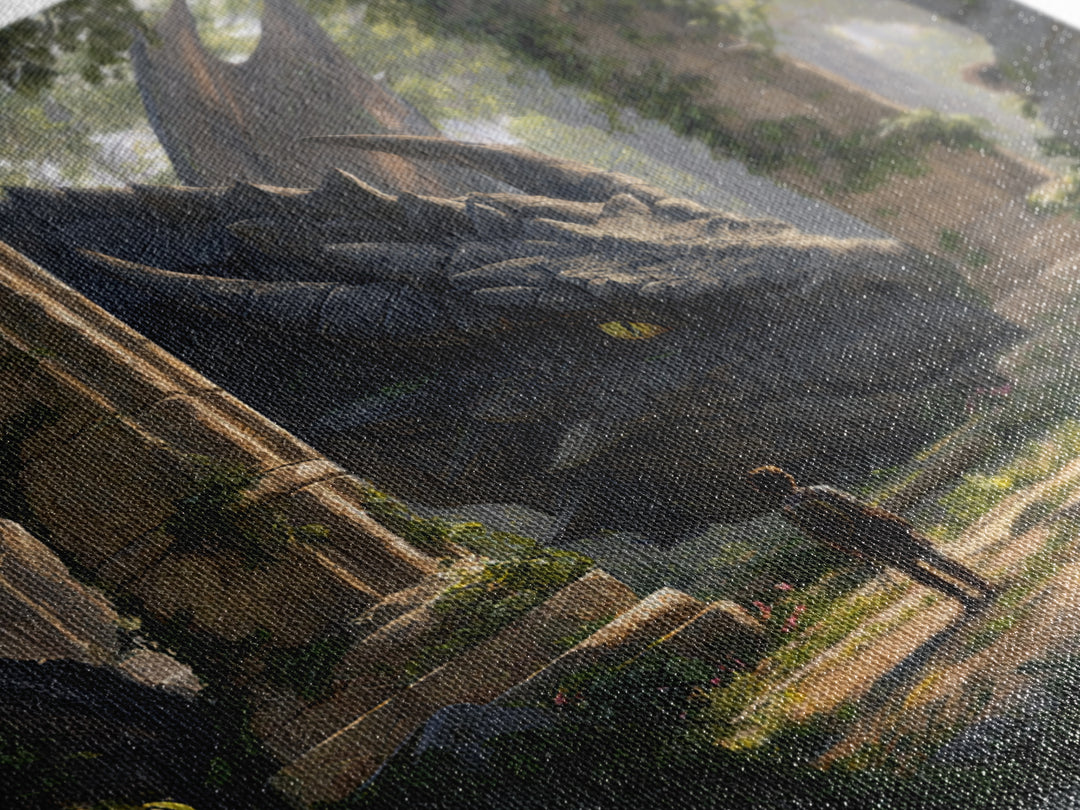 Giant Dragon In Overgrown Ruins Canvas Print, Fantasy Adventure Wall Art, Mythical Creature Decor, Kids Room Decor Gift Idea