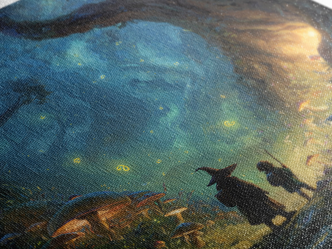 Wizard And Child In Enchanted Forest Wall Art, Whimsical Fantasy Painting, Mushroom Woodland Decor, Magical Kids Room Art
