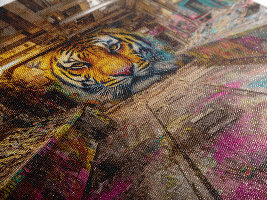 Tiger Graffiti Mural In Abandoned Factory Canvas Print, Urban Street Art, Wildlife Wall Art, Bold Industrial Loft Decor Gift