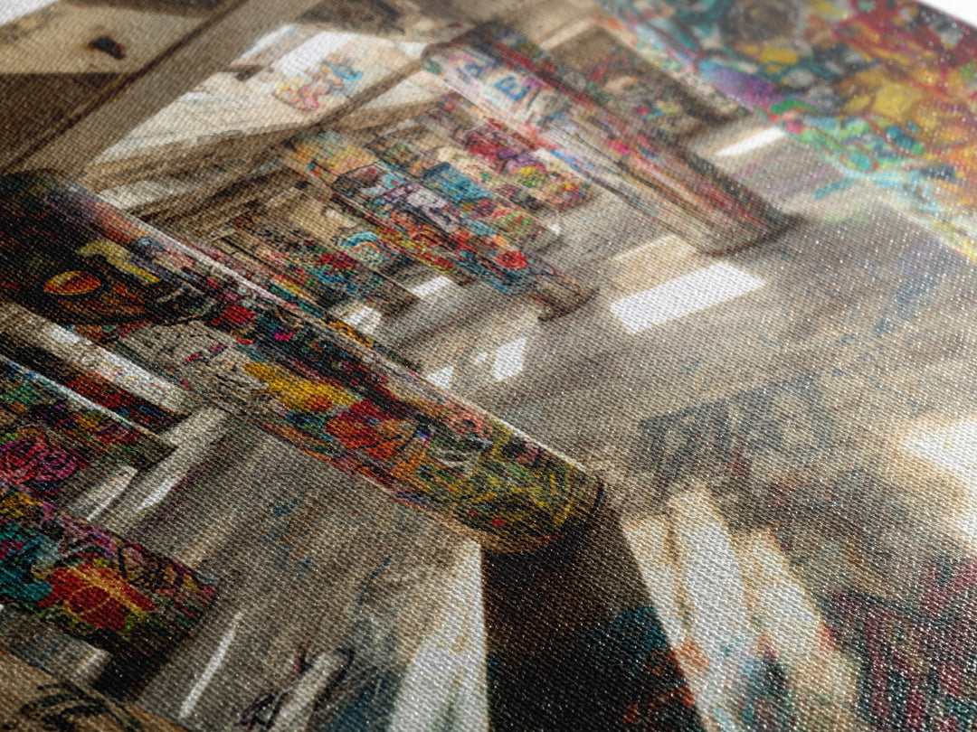 Graffiti Covered Concrete Pillars Canvas Print, Abandoned Warehouse Street Art, Industrial Loft Wall Decor, Urban Home Decor