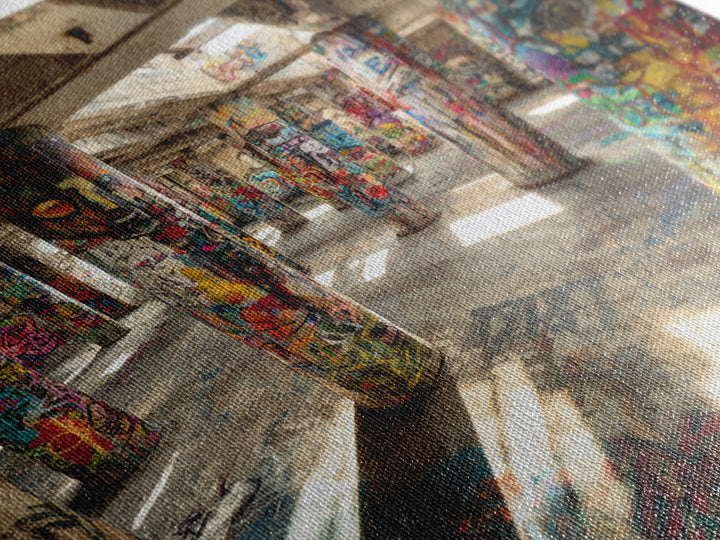 Graffiti Covered Concrete Pillars Canvas Print, Abandoned Warehouse Street Art, Industrial Loft Wall Decor, Urban Home Decor