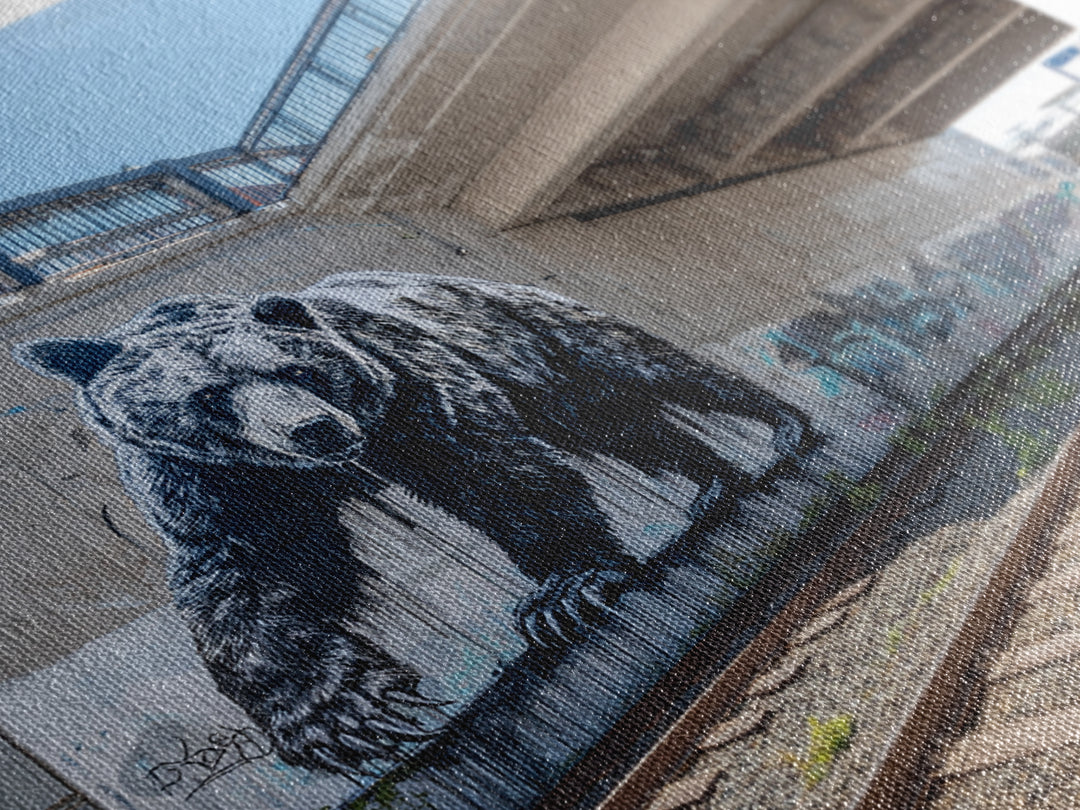 Black Bear Graffiti Mural By Train Tracks Canvas Print, Urban Wildlife Wall Art, Industrial Street Art Decor For Modern Loft