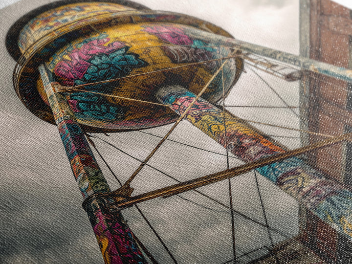 Graffiti Water Tower Under Stormy Sky Wall Art, Industrial Urban Print, Street Art Photography, Bold Loft Decor For Home