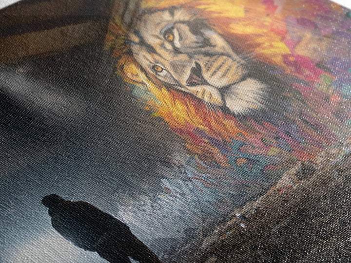 Underground Lion Mural In Shadowed Tunnel Framed Canvas Print, Urban Wildlife Wall Art, Graffiti Decor, Moody Street Photography