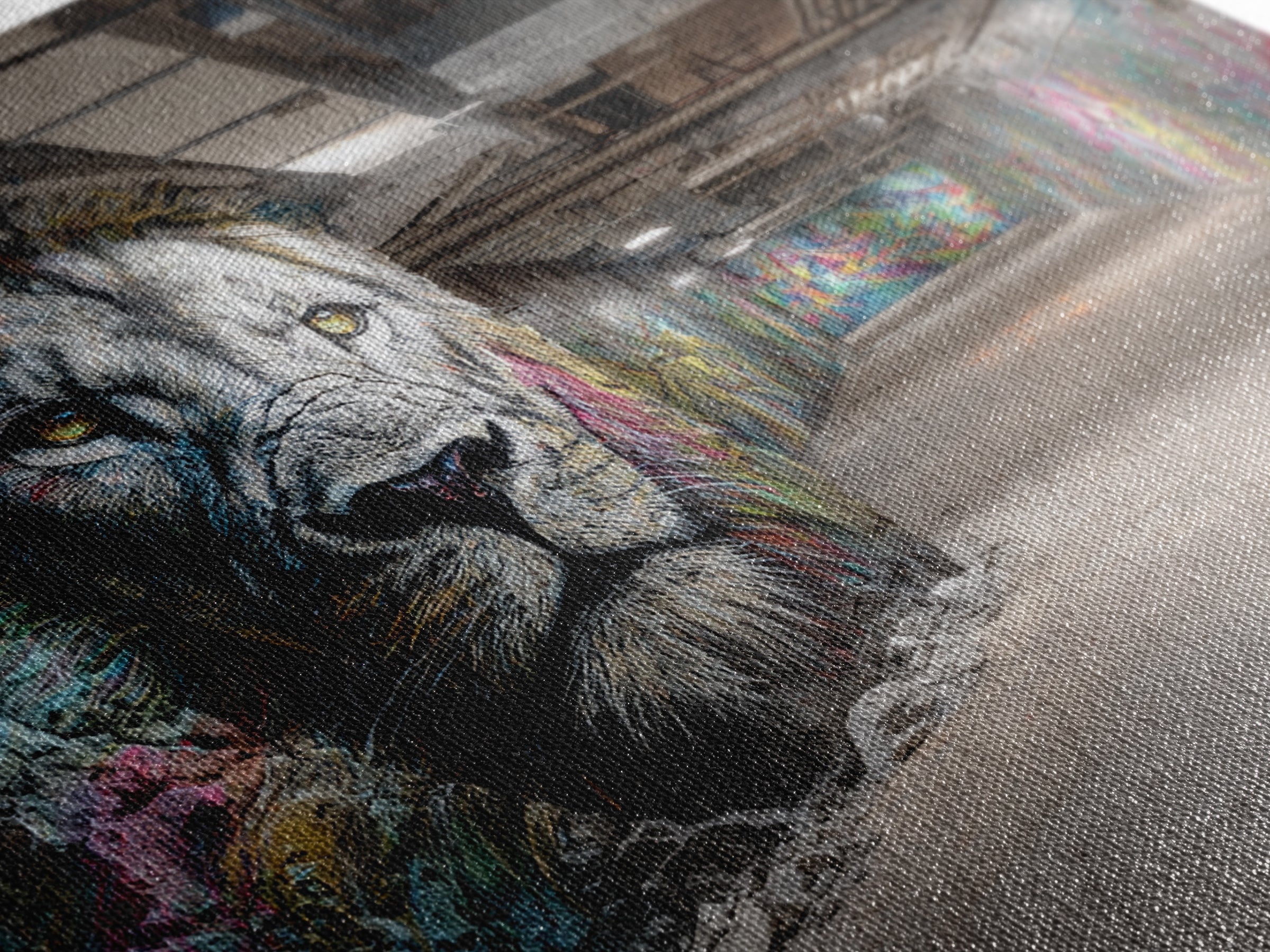 White Lion Graffiti Tunnel Wall Art, Urban Street Art Canvas Print, Wildlife Mural Decor, Industrial Loft Statement Art Gift