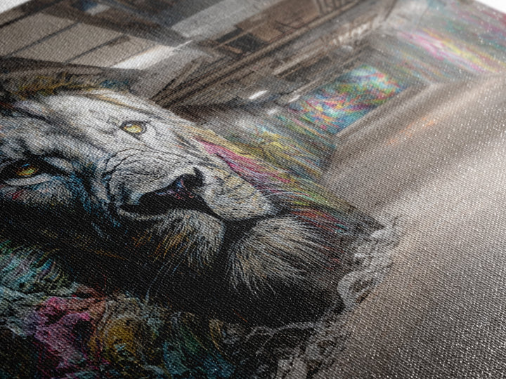 White Lion Graffiti Tunnel Wall Art, Urban Street Art Canvas Print, Wildlife Mural Decor, Industrial Loft Statement Art Gift
