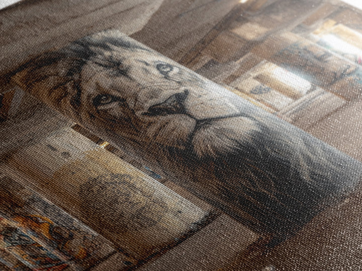 Realistic Lion Portrait On Concrete Pillar Wall Art, Urban Wildlife Canvas Print, Graffiti Decor For Office And Man Cave