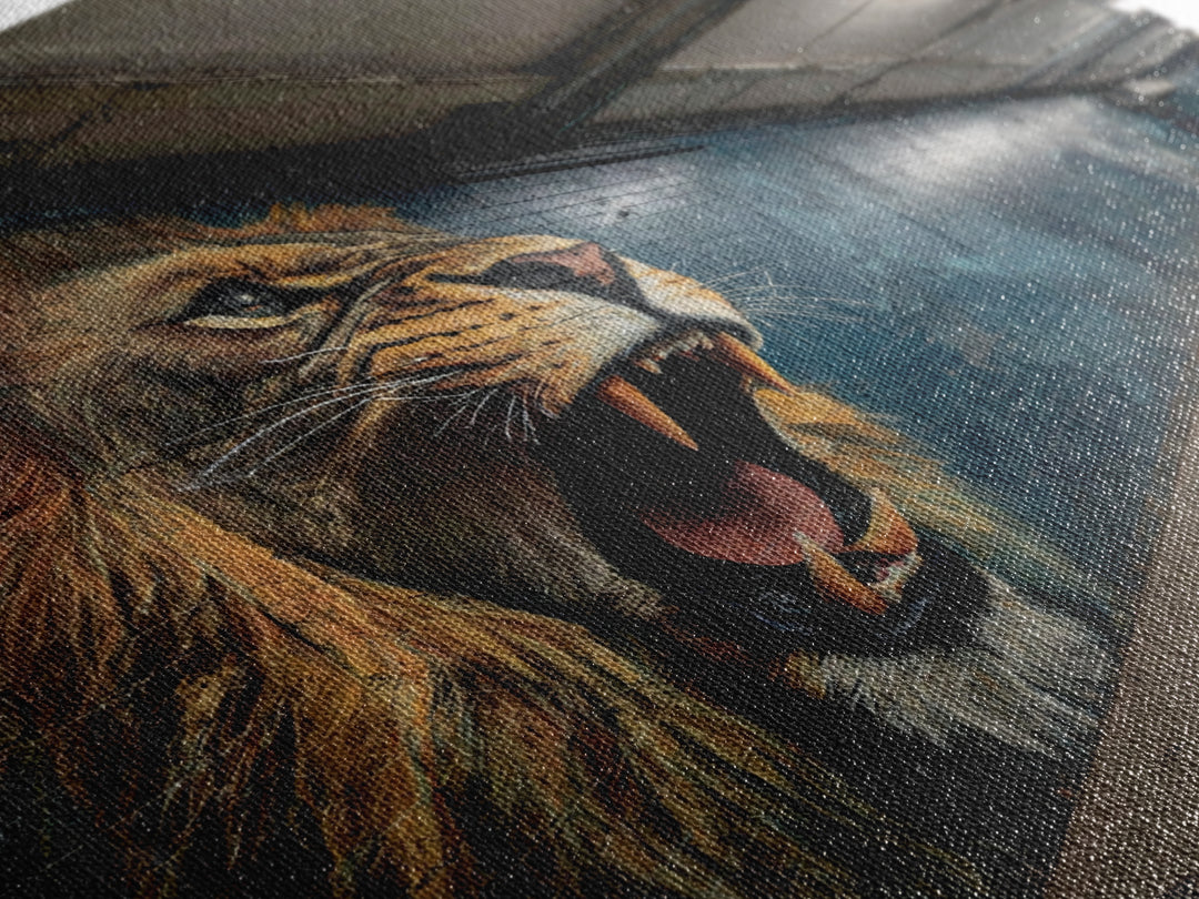 Roaring Lion Subway Mural Wall Art, Urban Graffiti Canvas, Big Cat Street Art Print, Bold Industrial Living Room Decor Gift