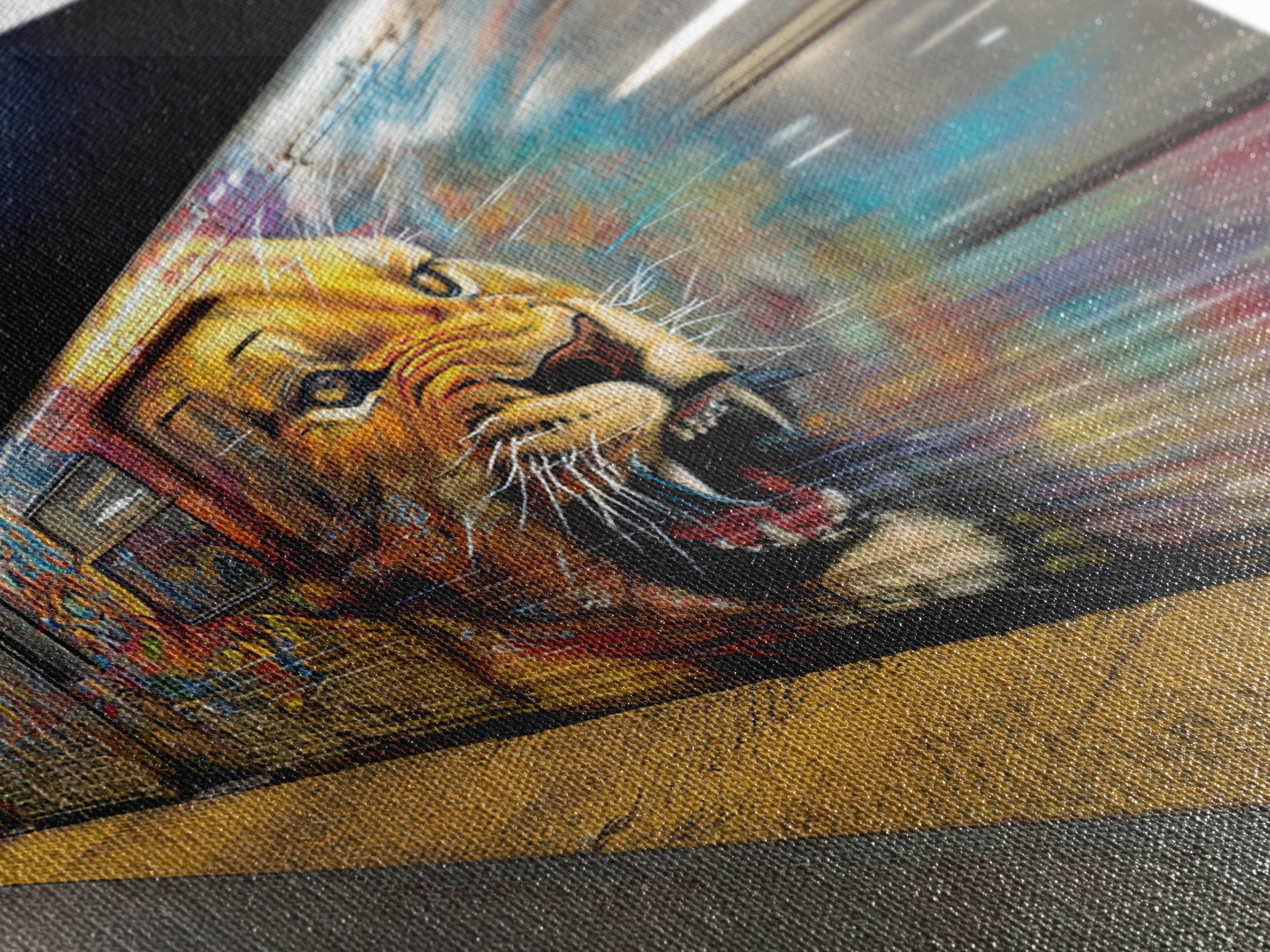 Roaring Lion Subway Train Canvas Print, Motion Blur Graffiti Wall Art, Big Cat Urban Street Decor For Modern Home Decor Gift