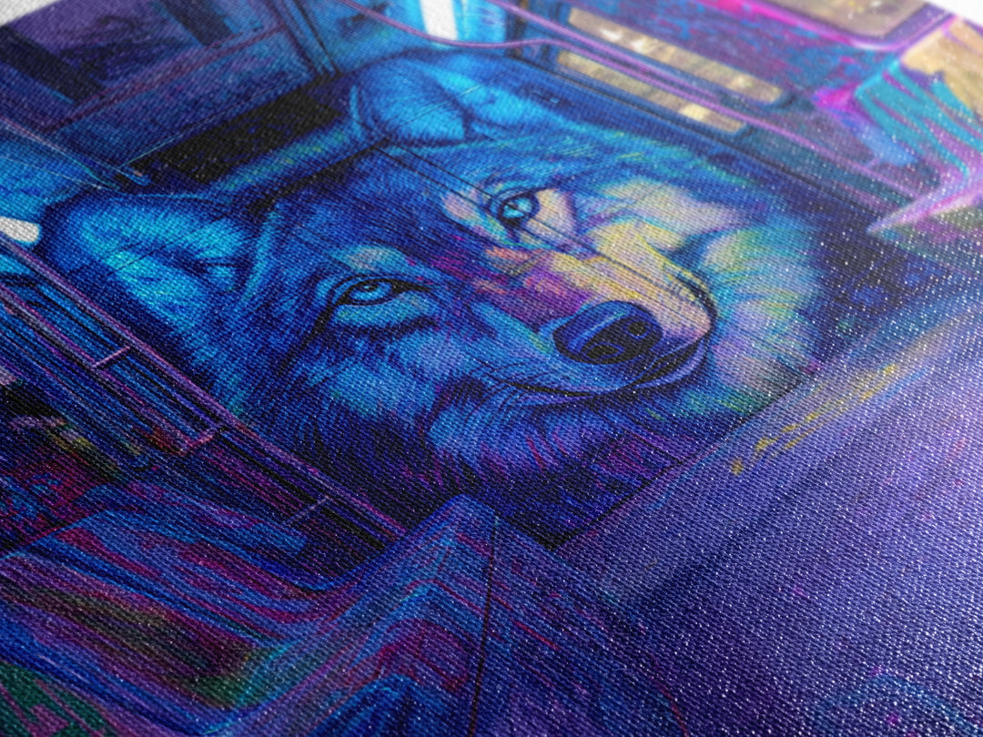 Neon Blue Wolf Subway Canvas Print, Cyberpunk Graffiti Animal Wall Decor, Urban Street Art, Gamer Room Statement Art Gift