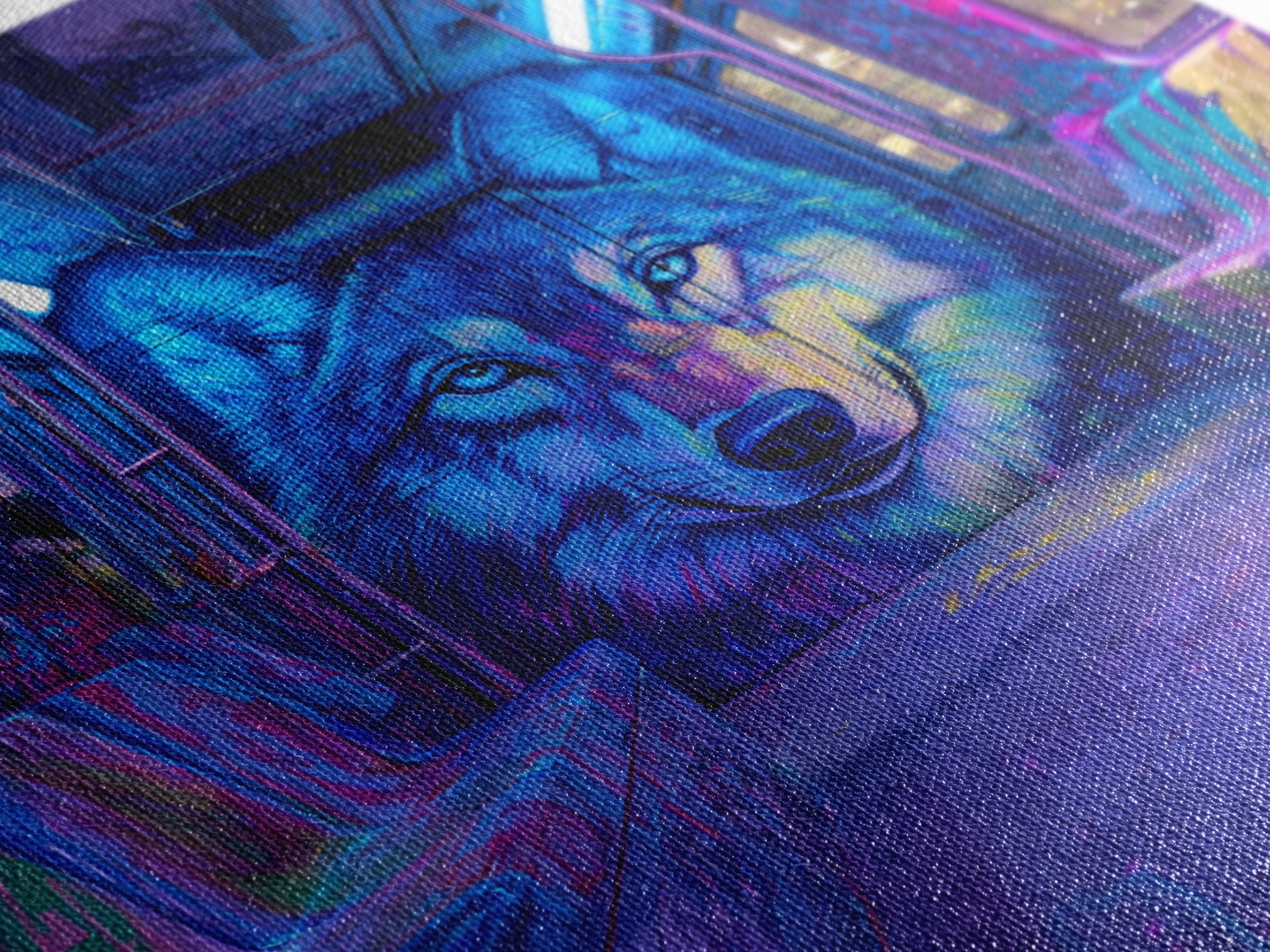 Neon Blue Wolf Subway Canvas Print, Cyberpunk Graffiti Animal Wall Decor, Urban Street Art, Gamer Room Statement Art Gift
