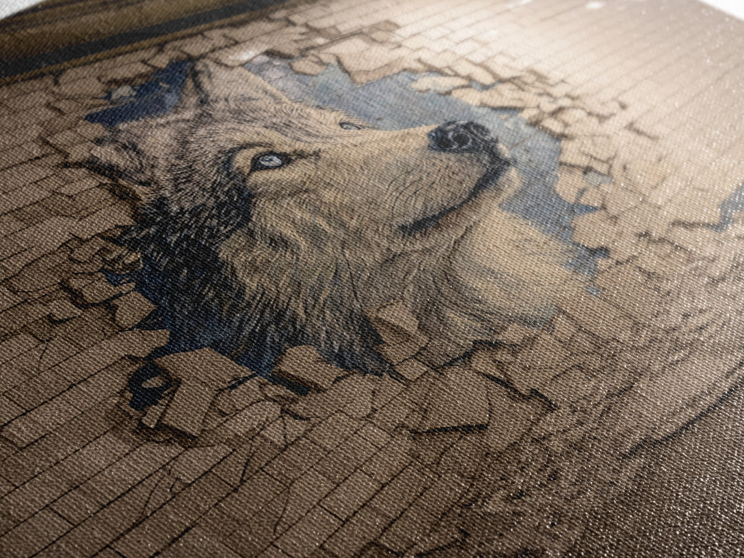 Wolf Mural Bursting Through Subway Tile Wall Art, Urban Animal Canvas Print, Street Art Decor For Modern Office Wall Decor Gift