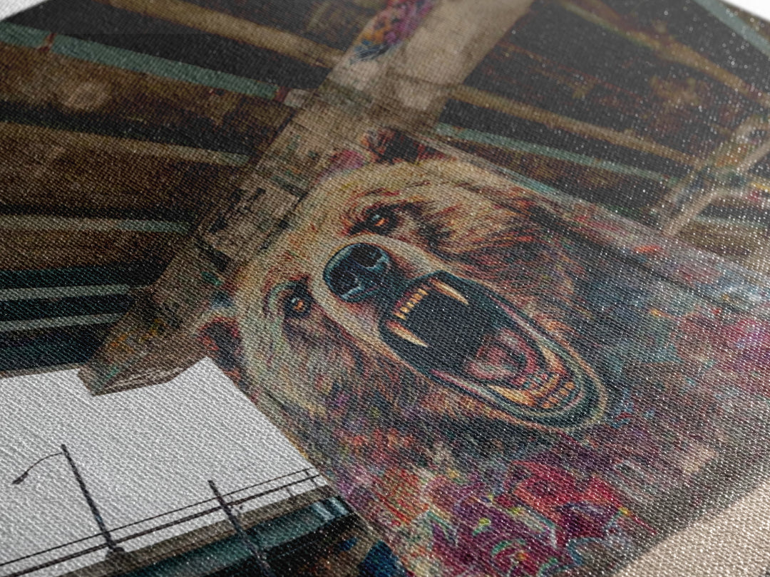 Roaring Bear Graffiti Underpass Wall Art, Urban Street Art Canvas Print, Wildlife Mural Decor, Man Cave Industrial Loft Home Decor
