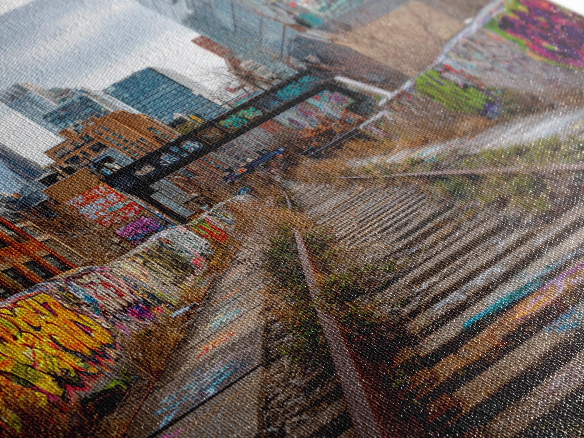 Abandoned Graffiti Railway Through City Wall Art, Urban Landscape Photography For Loft Decor And Modern Office Wall Decor