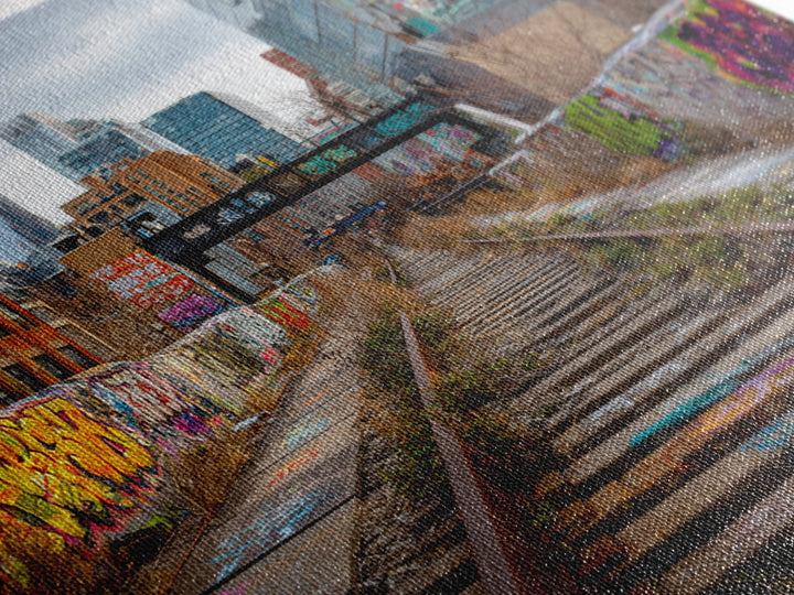 Abandoned Graffiti Railway Through City Wall Art, Urban Landscape Photography For Loft Decor And Modern Office Wall Decor
