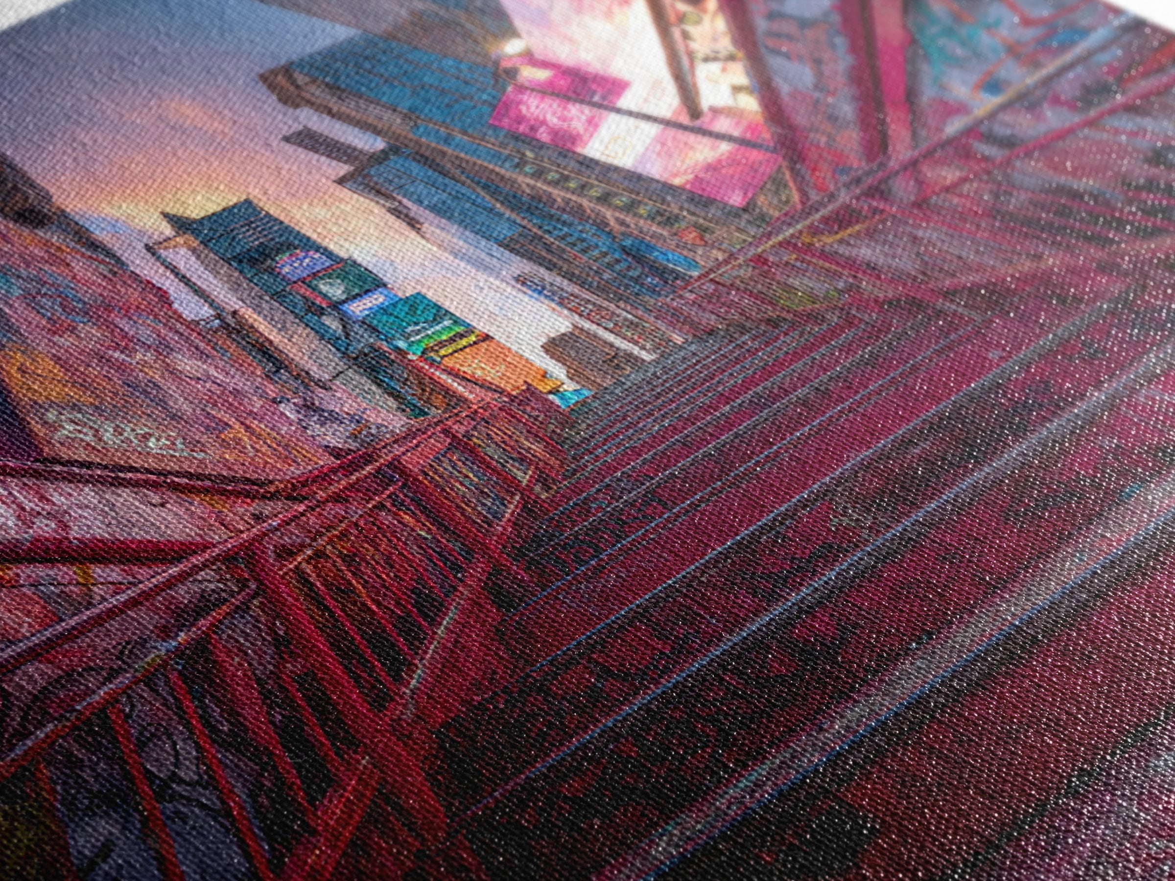Neon City Stairway At Sunset Wall Art, Urban Graffiti, Times Square Travel Poster, Colorful Modern Canvas Print Home Decor