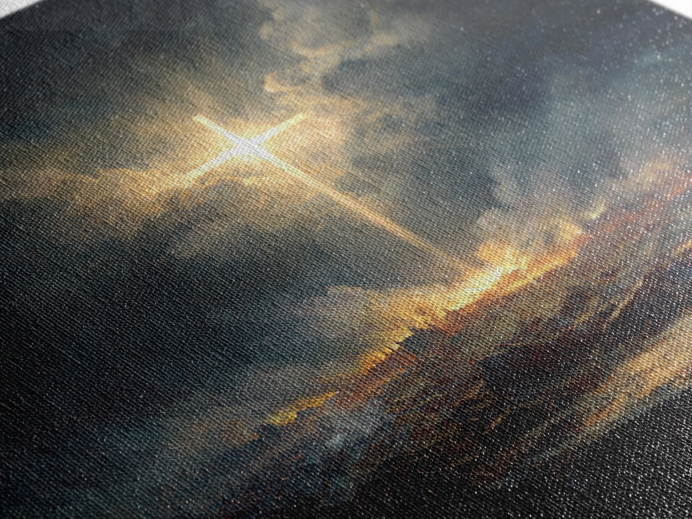 Radiant Cross Over Stormy Battlefield Wall Art, Christian Canvas Print, Dramatic Religious Decor, Spiritual Gift For Home