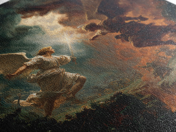 Angel Duel Over Apocalyptic Battlefield Wall Art, Dark Fantasy Framed Canvas Print, Biblical Spiritual Home Decor Gift For Him