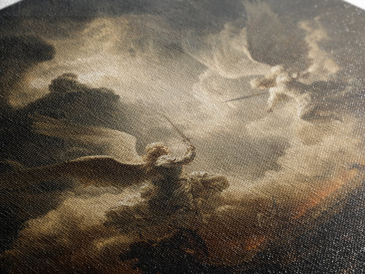 Angelic Battle In Storm Clouds Framed Canvas Print, Dark Baroque Religious Art, Renaissance Wall Decor, Dramatic Fine Art