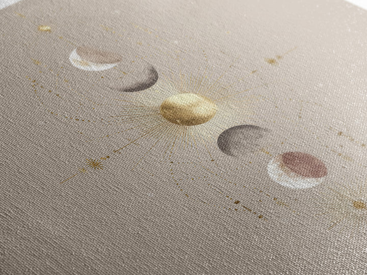Celestial Moon Phase Wall Art, Gold Sun And Stars Canvas Print, Mystical Astrology Decor, Boho Neutral Bedroom Wall Decor