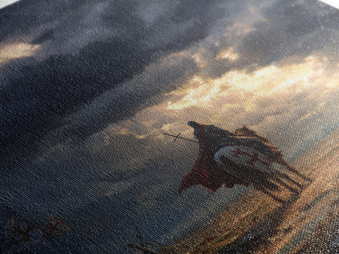 Templar Knight On Horse In Stormy Battlefield Wall Art, Medieval Landscape Art, Gothic Wall Decor, Epic Fantasy Gift For Him