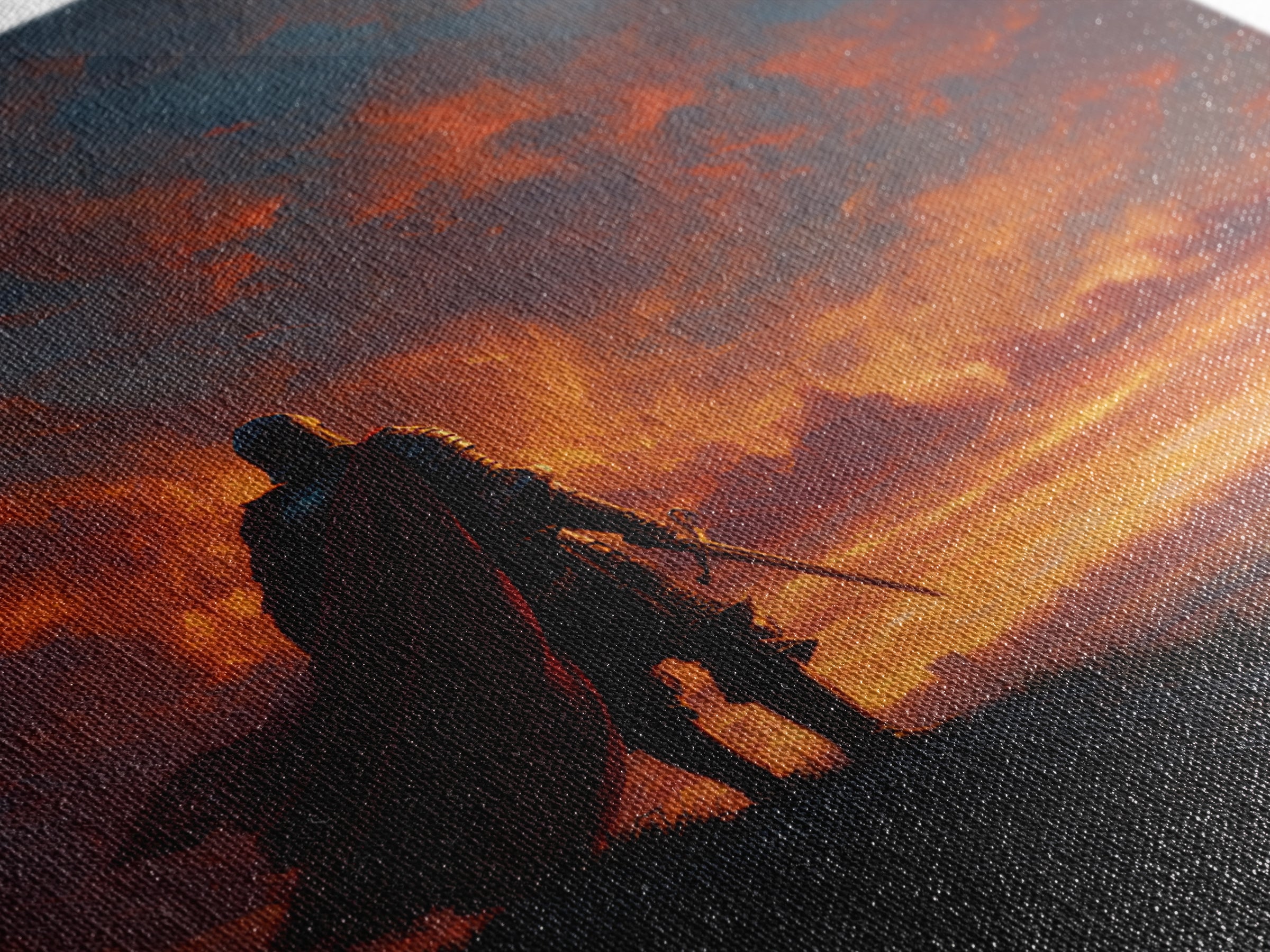 Lone Knight At Fiery Sunset Wall Art, Medieval Fantasy Warrior Canvas Print, Dramatic Landscape For Masculine Home Decor