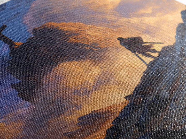 Epic Warrior Climbing Mountain To Cross Wall Art, Christian Fantasy Canvas Print, Inspirational Decor, Faith Gift For Him