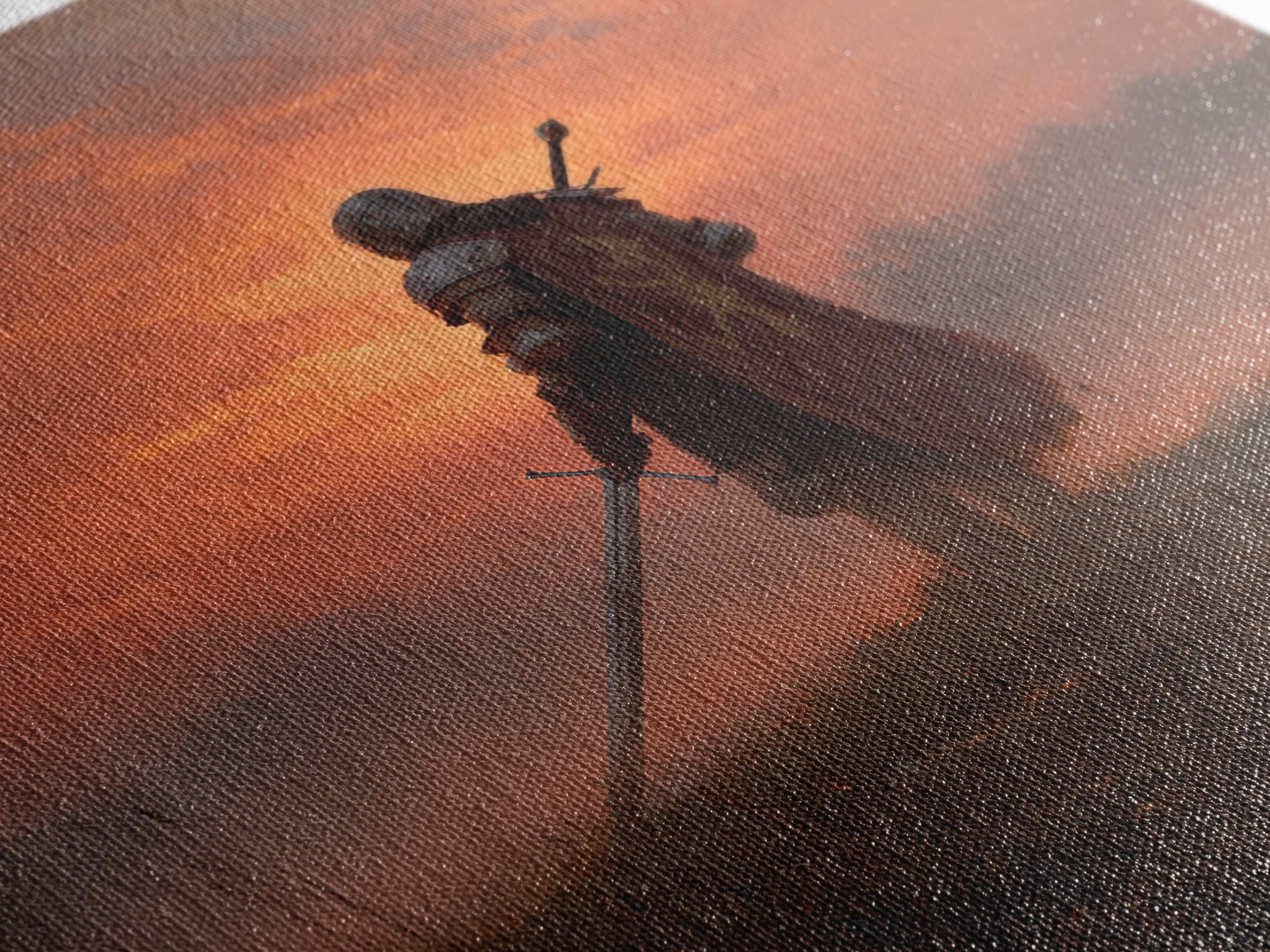 Lone Medieval Knight At Fiery Sunset Wall Art, Fantasy Warrior Canvas Print, Gothic Castle Decor, Dramatic Gift For Him Art