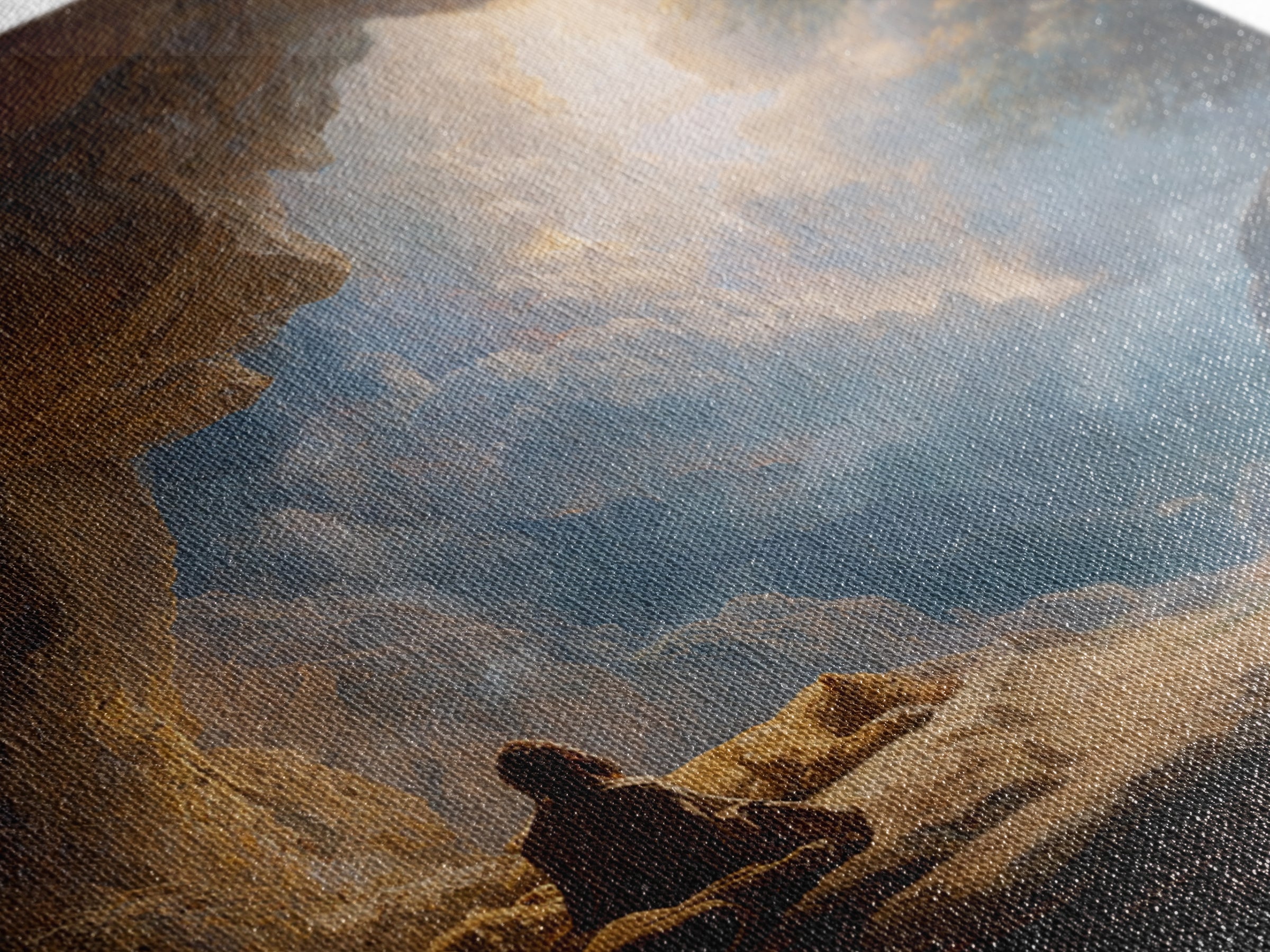 Cave Sanctuary With Lions And Heavenly Clouds Wall Art, Fantasy Landscape Canvas, Spiritual Home Decor, Mystical Gift Print