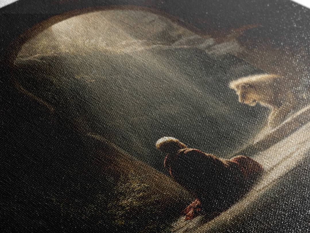 Child And Lion In Sunlit Cave Wall Art, Spiritual Fantasy Painting, Inspirational Decor, Storybook Artwork, Unique Gift For Her