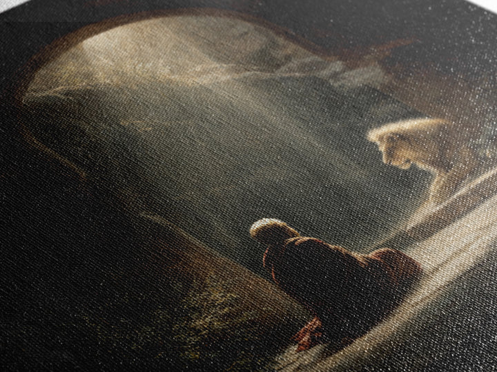 Child And Lion In Sunlit Cave Wall Art, Spiritual Fantasy Painting, Inspirational Decor, Storybook Artwork, Unique Gift For Her