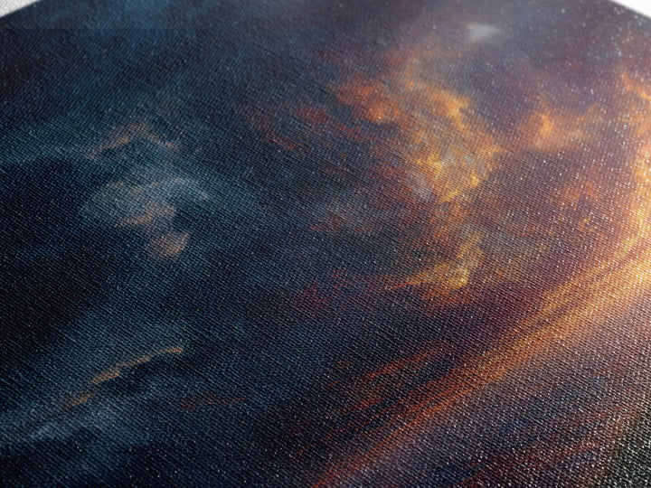 Lone Figure Under Fiery Storm Clouds Wall Art, Dramatic Landscape Canvas Print, Moody Fantasy Decor, Statement Artwork Gift