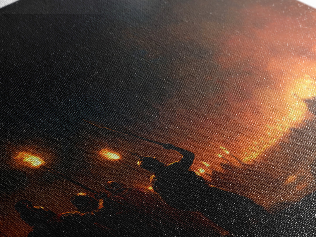 Torchlit Ancient Army At Night Wall Art, Dark Fantasy Canvas Print, Warrior Battle Scene, Moody Medieval Decor, Man Cave Gift