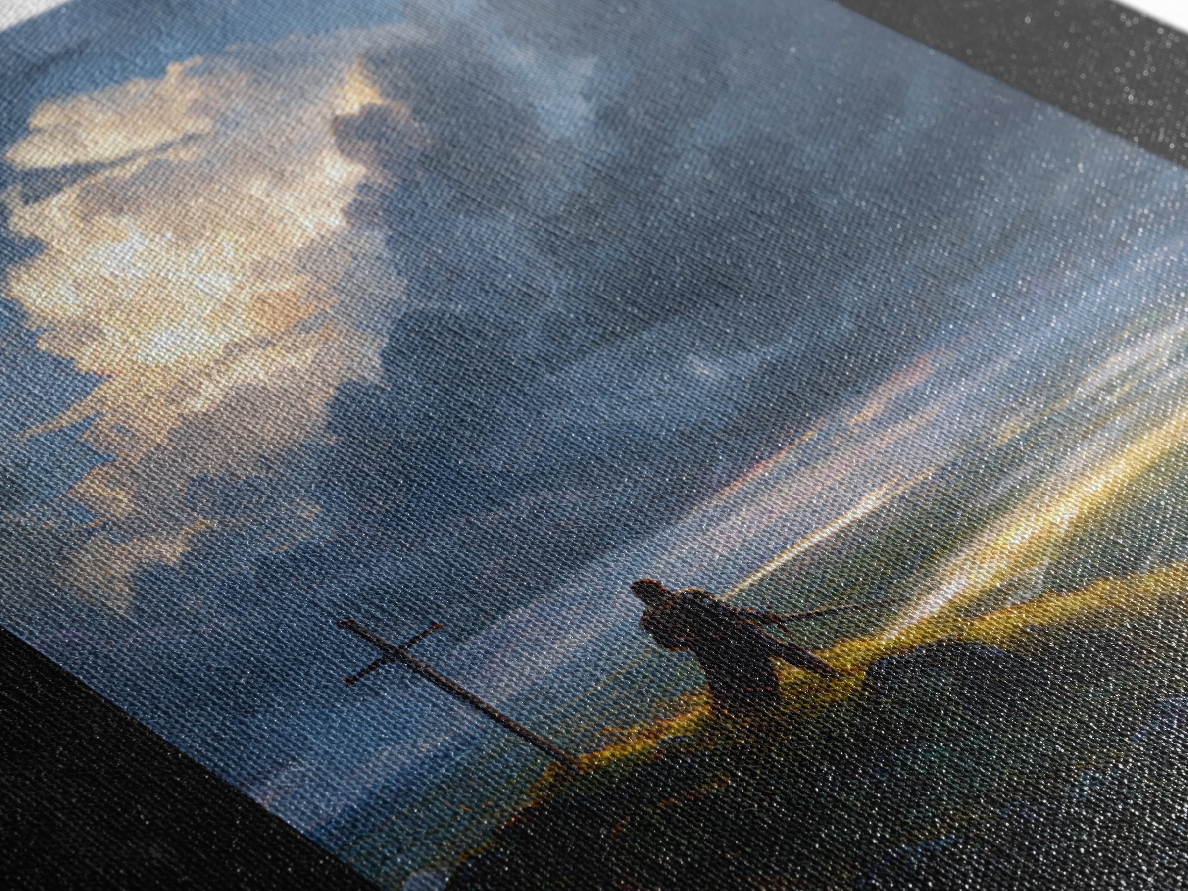 Lone Knight At Cross Under Storm Clouds Framed Canvas Print, Christian Wall Art, Dramatic Landscape, Faith Home Decor Gift