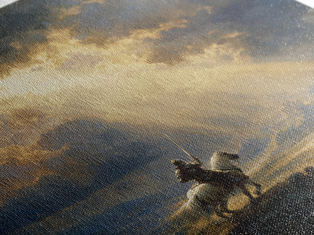 Mounted Knight Beneath Sunbeams Framed Canvas Print, Medieval Landscape Wall Art, Christian Artwork, Castle Decor Gift For Him