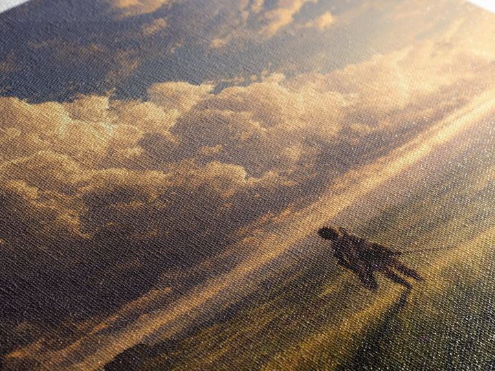 Lone Traveler Under Golden Clouds Wall Art, Fantasy Landscape Painting, Adventure Canvas Print For Bedroom And Living Room Decor