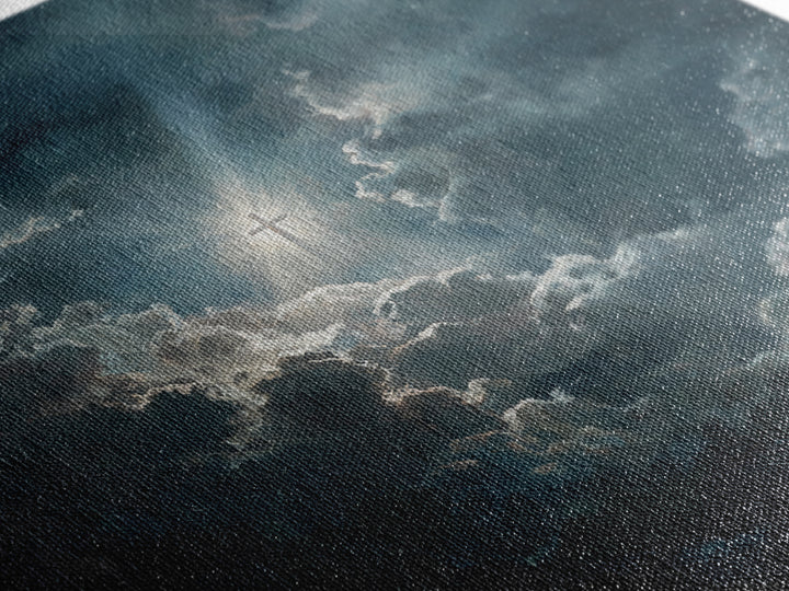 Radiant Cross In Storm Clouds Wall Art, Christian Inspirational Canvas Print, Spiritual Home Decor, Prayer Room Gift For Her