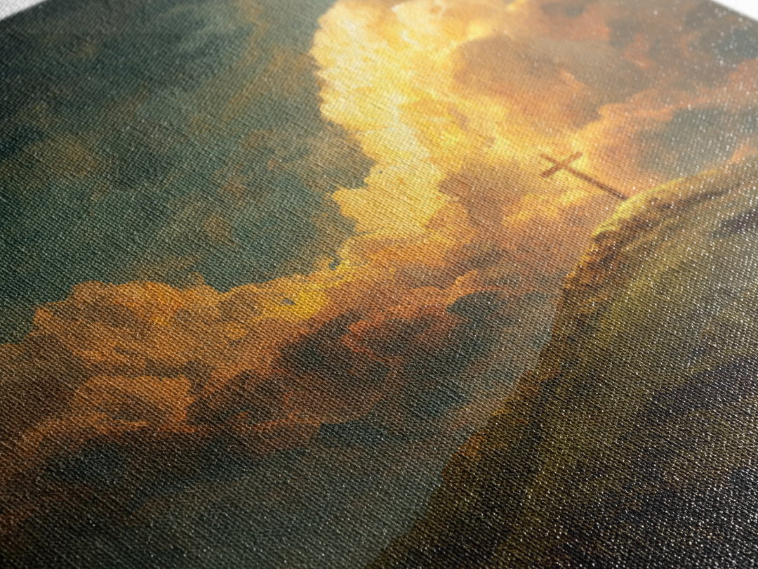 Glowing Cross On Hilltop Wall Art, Christian Landscape Canvas Print, Inspirational Clouds, Religious Home Decor Gift For Her