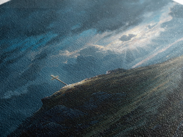 Glowing Cross On Stormy Hill Wall Art, Dramatic Christian Landscape Painting For Prayer Room Decor And Spiritual Gift Idea