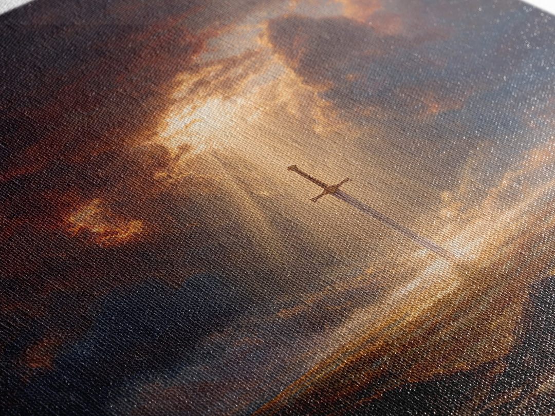Sword Of Light In Stormy Field Framed Canvas Print, Christian Symbol Painting, Dramatic Landscape Wall Decor, Faith Gift