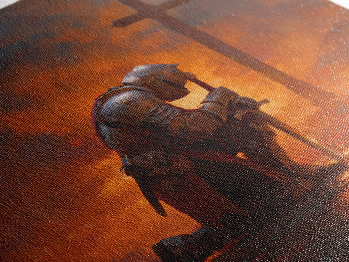 Kneeling Crusader Before Cross At Fiery Sunset Wall Art, Christian Canvas Print, Medieval Decor, Inspirational Gift For Him
