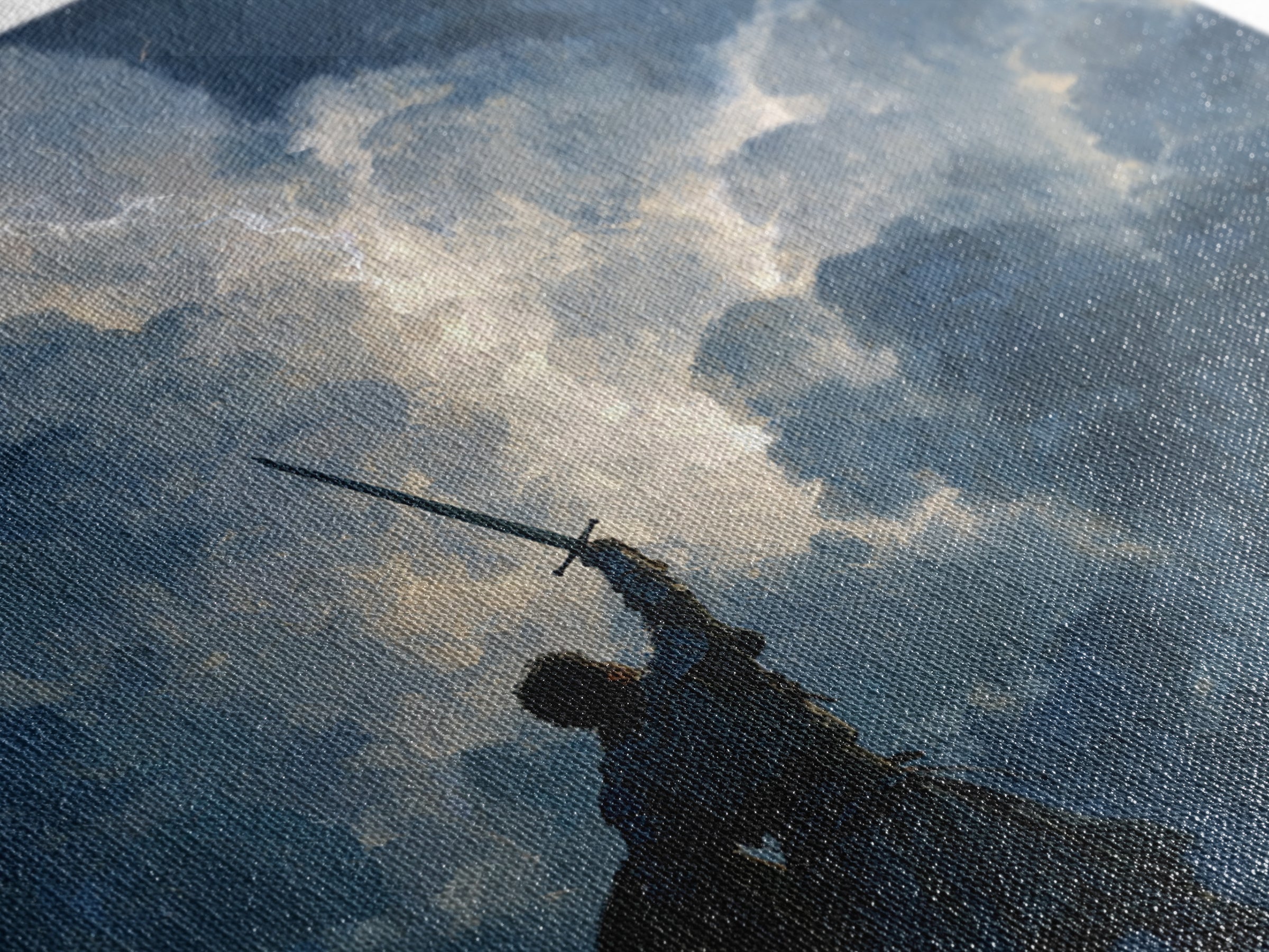 Warrior Raising Sword Into Lightning Canvas Print, Epic Fantasy Wall Art, Storm Clouds, Dark Heroic Medieval Home Decor Gift