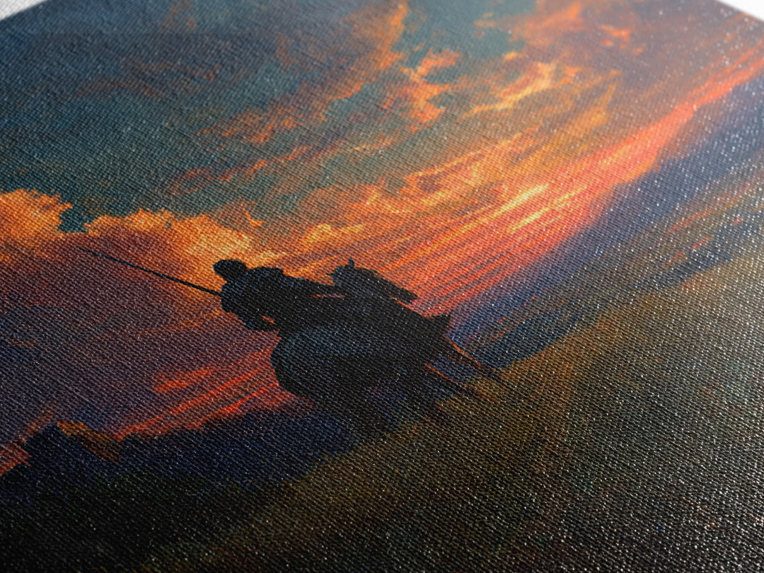 Armored Knight On Horseback At Fiery Sunset Canvas Print, Medieval Fantasy Wall Art, Dramatic Landscape Decor For Him Gift