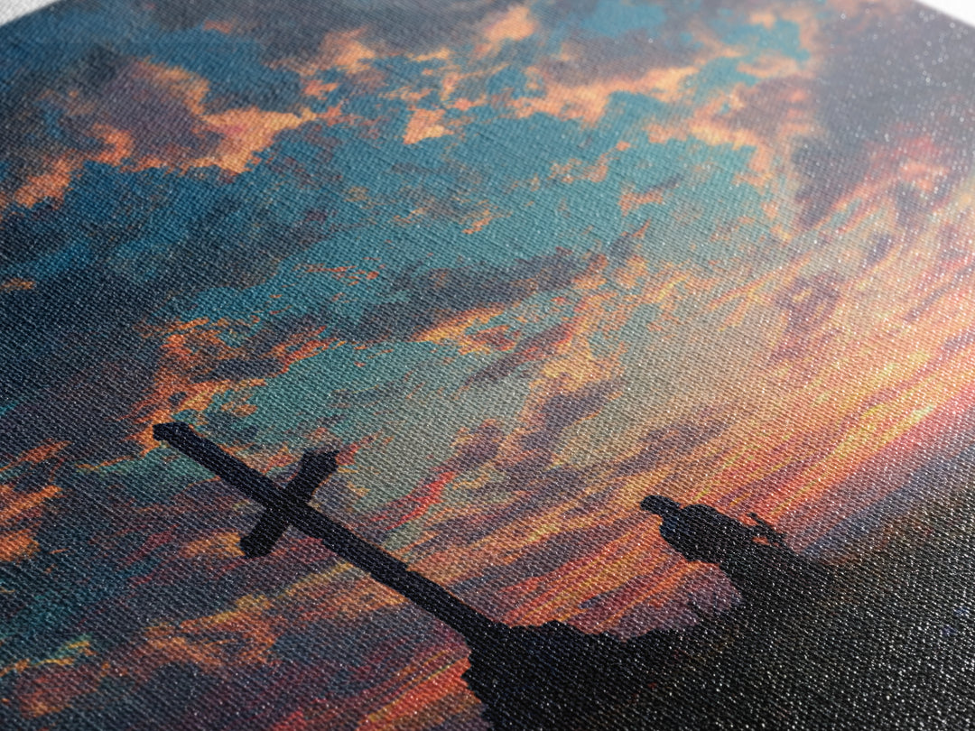 Knight Praying By Cross At Sunset Wall Art, Christian Landscape Painting, Bible Verse Decor, Inspirational Gift For Him Print